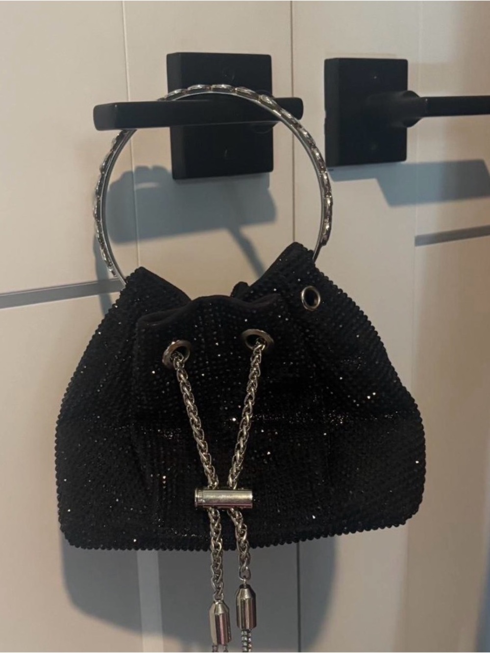 Black Sequin Bucket Bag with Silver Chain Handle